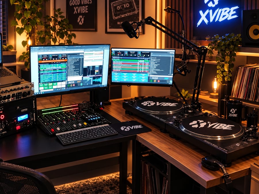 Domowe studio XVIBE: biurko z mikserem, gramofony, monitory i podświetlany neon z logo
